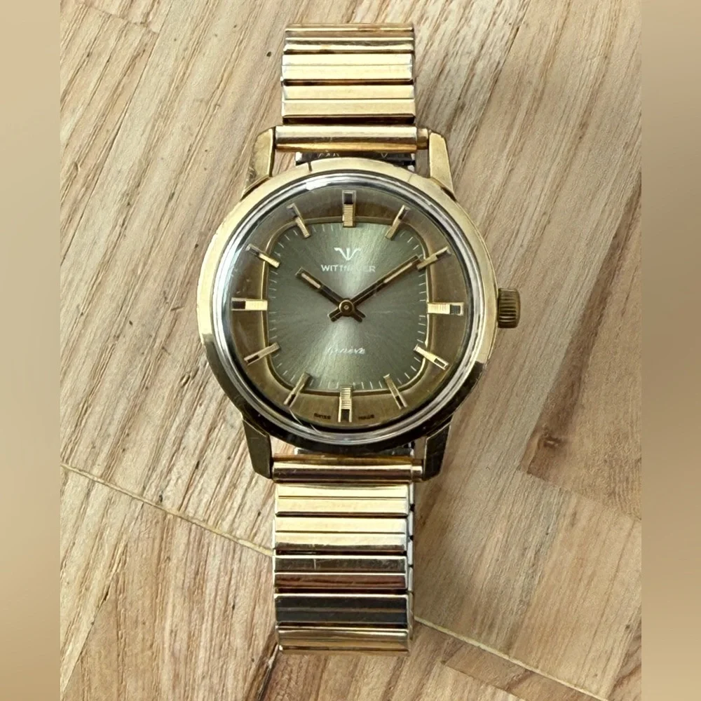 Wittnauer Geneve Ultra Rare Automatic Vintage Watch Gold Case Unique Dial Works